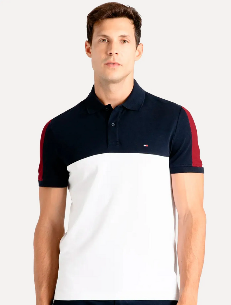 Polo Masculina Regular Colourblock Navy Branca