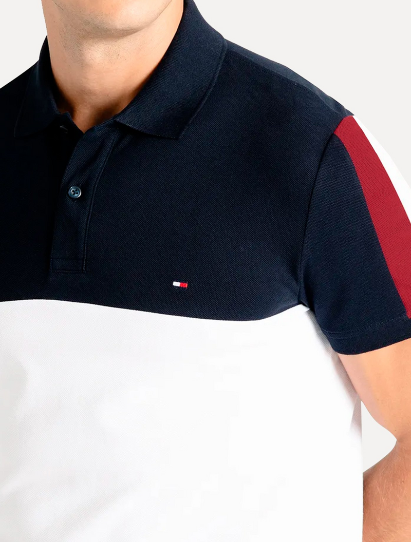 Polo Masculina Regular Colourblock Navy Branca