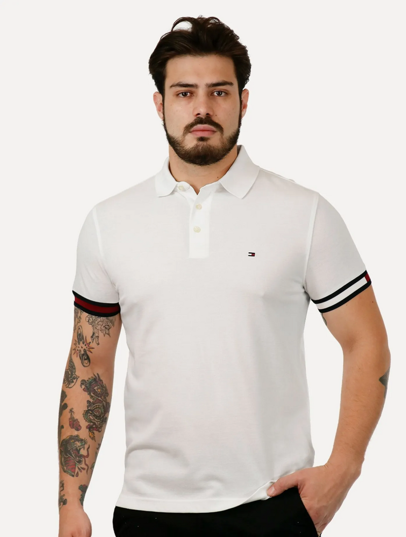 Polo Masculina Slim Piquet Classic Flag Cuff Branca