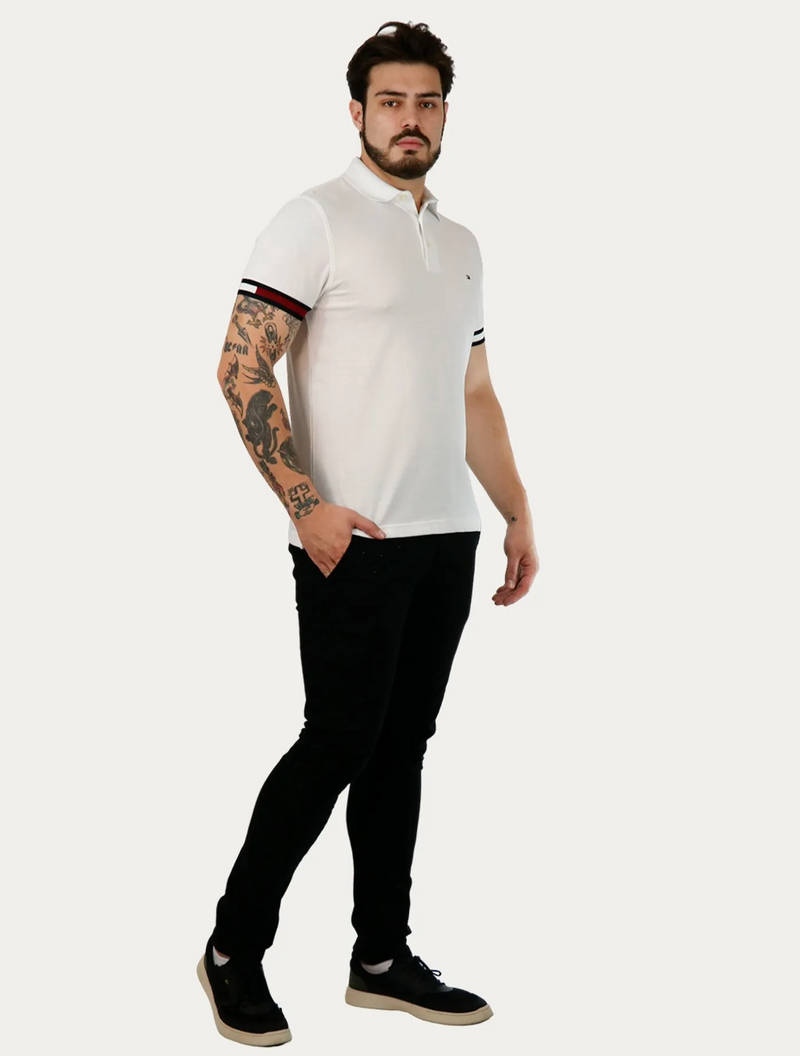 Polo Masculina Slim Piquet Classic Flag Cuff Branca