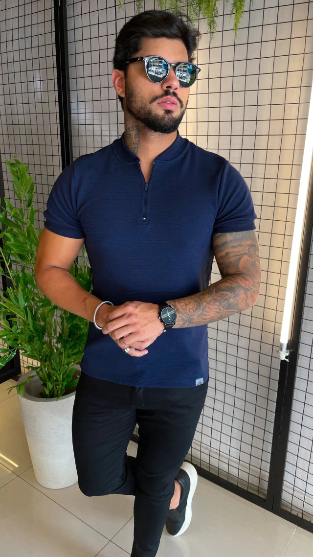 CAMISA GOLA PADRE ZÍPER TEXTURIZADA - AZUL MARINHO